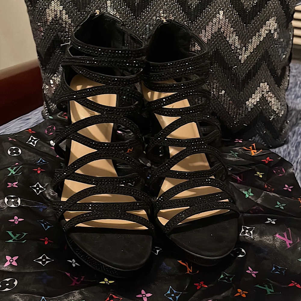 Block rhinestone heels worn once